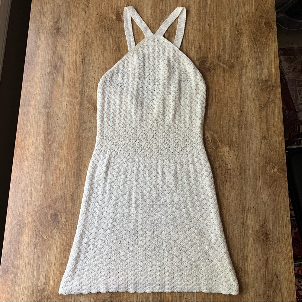 Vintage Crochet Dress Ivory White Beach Boho XS Handmade